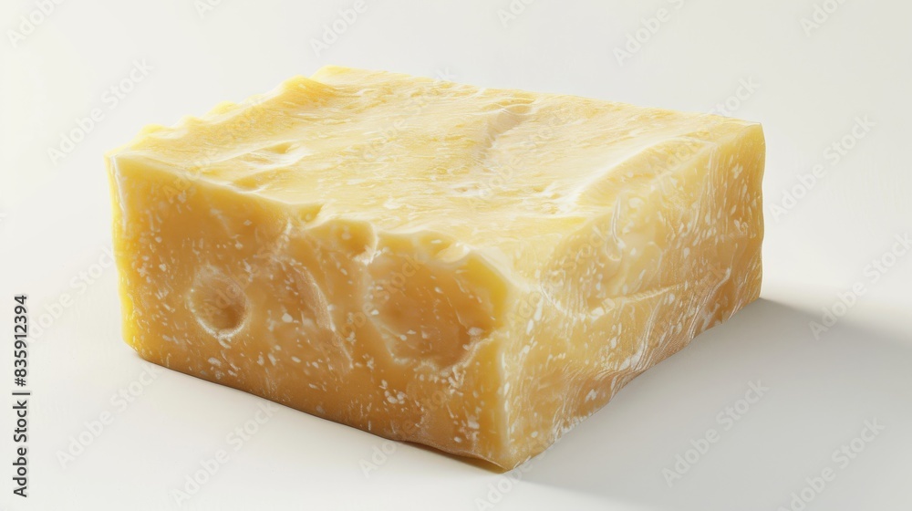 A close-up view of a single block of yellow cheese on a white surface A close-up view of a single block of yellow cheese on a white surface