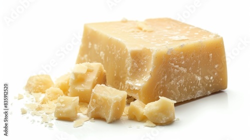 A close-up of a block of Parmesan cheese, partially grated