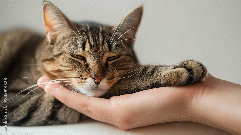 A peaceful moment with a tabby cat resting its head on a human hand, showcasing the bond between pet and owner. A peaceful moment with a tabby cat resting its head on a human hand, showcasing the bond between pet and owner.