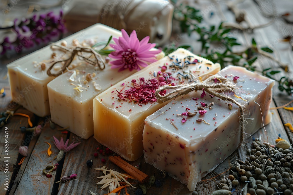 A couple of soap bars sitting on top of a wooden table A couple of soap bars sitting on top of a wooden table