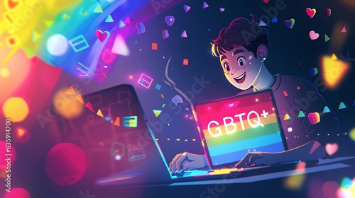 A creative stick figure illustration of a happy person at their laptop, the word "LGBTQ+" in a vibrant rainbow, surrounded by blurred shapes and a deep azure background, with a glowing screen,