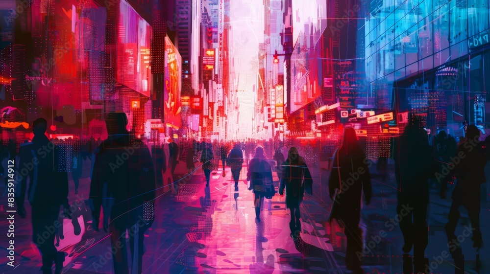Futuristic concept showing crowd of people walking on city street, digital art style, illustration painting Futuristic concept showing crowd of people walking on city street, digital art style, illustration painting