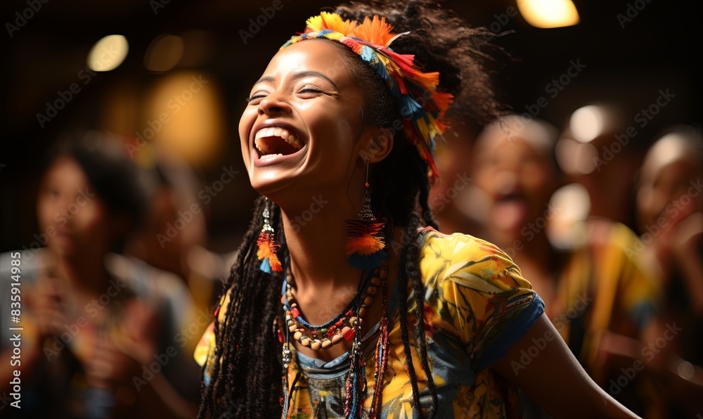 Woman With Dreadlocks Laughing in Front of Group Woman With Dreadlocks Laughing in Front of Group