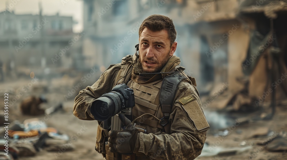 One man, war journalist with digital camera at the place of action, in war zone One man, war journalist with digital camera at the place of action, in war zone