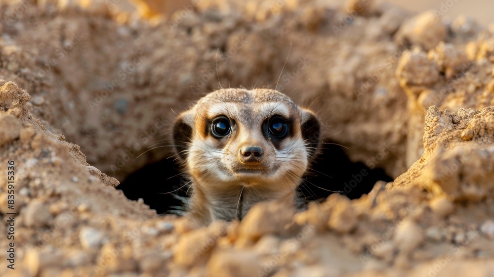 Fototapeta premium A curious meerkat peeks out of its burrow in the Kalahari Desert.