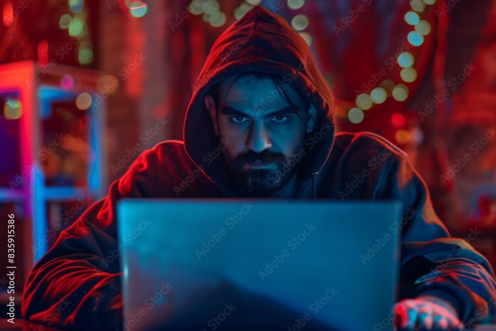 Hacker in hood hacking at computer in dark room. Computer criminal uses malware to hack devices