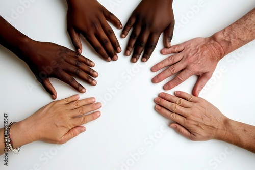 Diverse group of hands of different ages and ethnicities coming together, showing unity and diversity against a white background.
