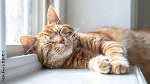 Peaceful ginger cat sleeping by a sunlit window, displaying contentment and relaxation in a cozy indoor environment.