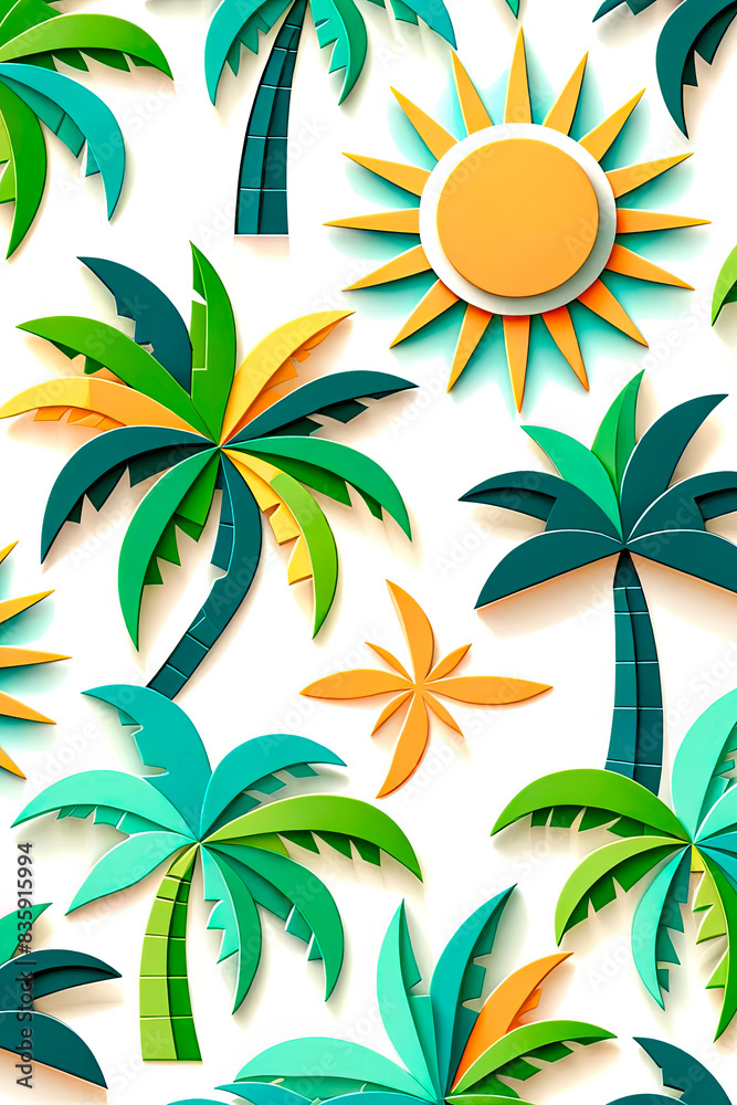 Bright paper art palm trees and suns pattern. Concept: tropical, playful. Ideal for summer promotions, travel ads. Copy space available.
Bright paper art palm trees and suns pattern. Concept: tropical, playful. Ideal for summer promotions, travel ads. Copy space available.