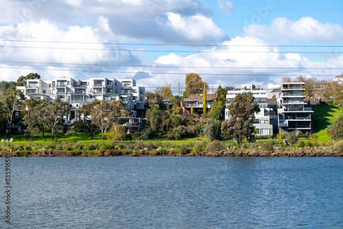 Canvastavla Upscale waterfront residential homes along the Maribyrnong River, in the suburb of Ascot Vale, Melbourne VIC Australia