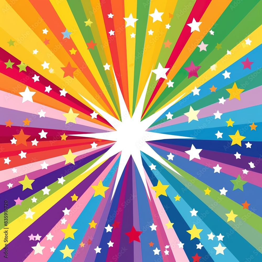 Vibrant Rainbow-Colored Rays Radiating from Center with White Stars, Creating a Joyful and Happy Atmosphere. Cute and Colorful Digital Art with Gradient Effect, Ideal for Children's Wallpaper and Deco Vibrant Rainbow-Colored Rays Radiating from Center with White Stars, Creating a Joyful and Happy Atmosphere. Cute and Colorful Digital Art with Gradient Effect, Ideal for Children's Wallpaper and Deco