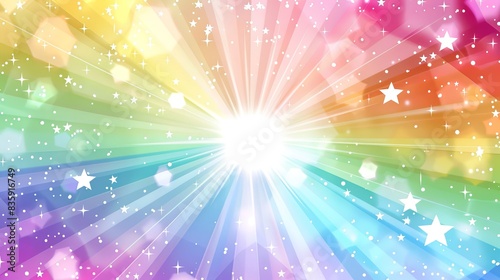 Vibrant Rainbow-Colored Rays Radiating from Center with White Stars  Creating a Joyful and Happy Atmosphere. Cute and Colorful Digital Art with Gradient Effect  Ideal for Children s Wallpaper and Deco