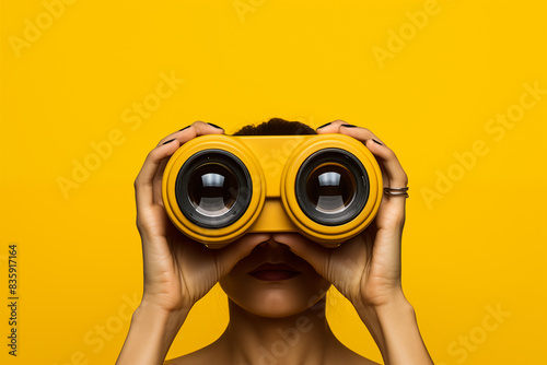 Woman looking through binocular. Portrait of a woman holding binoculars, exploring and observing with curiosity and focus against a matching yellow background. Generative AI