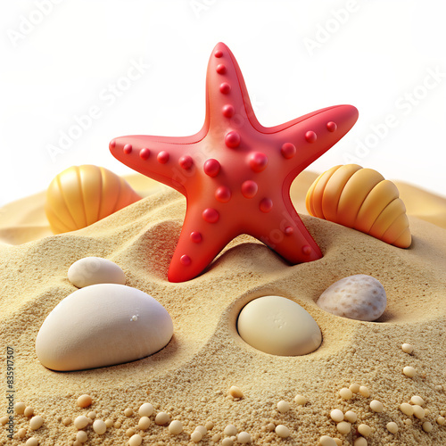 Close up view of a sandy beach with red starfish, seashells and small pebbles. Concept art of summer relaxation. Tropical beach bokeh texture background. 3d illustration of stylized yellow sand.