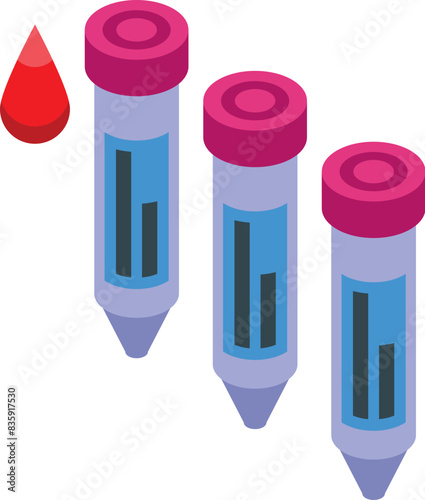 Isometric vector illustration of three blood test tubes with a single red droplet, on a white background