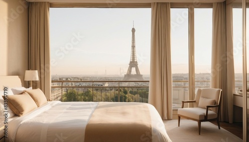 Peaceful white linen hotel bedroom offering a breathtaking vista of the Eiffel Tower from the window during the golden hour
