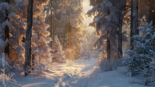 Snow covered forest during winter with gentle sunlight photo