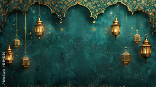  Ramadan golden lanterns on green banner background  photo