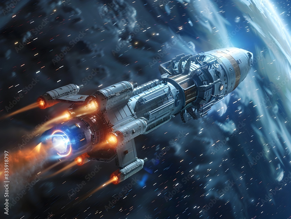 Futuristic Spacecraft Propelled by Ion Engines Navigates Through Cosmic Wonders of the Universe Futuristic Spacecraft Propelled by Ion Engines Navigates Through Cosmic Wonders of the Universe