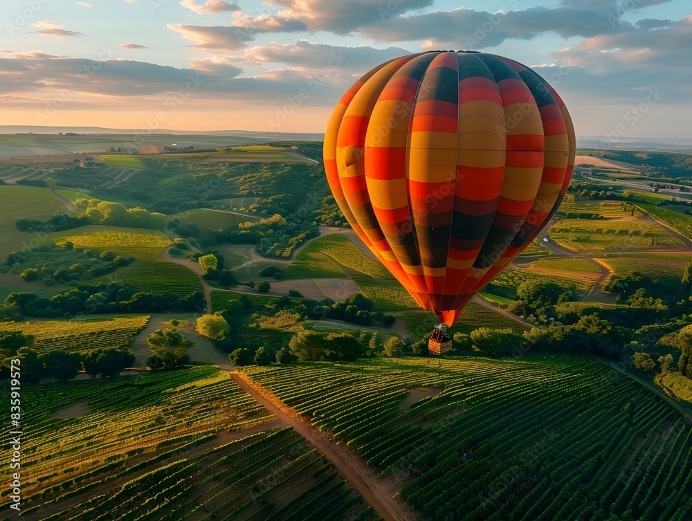Naklejka premium Colorful Hot Air Balloon Floating Over Vibrant Patchwork of Scenic Countryside Vineyards and Fields During Golden Sunset or Sunrise