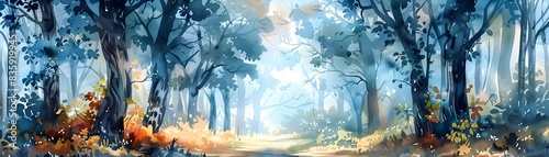 Enchanted Watercolor Forest with Mythical Creatures Hiding Among the Trees photo