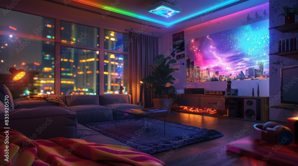 Video gamer bedroom night interior in 3d. Computer generated image of a home interior with multicolored neon lightning. Bedroom with a comfortable couch