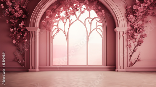 pink flowers, fantasy portal with pink flowers of hall for wedding ceremony © Hatai