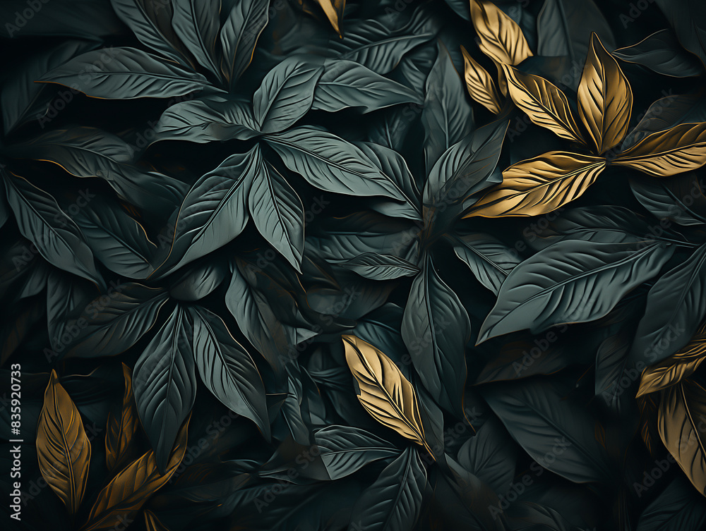 closeup of dark green leaves, their texture and shape rendered in intricate detail. The background is a soft gradient from light to dark yellow closeup of dark green leaves, their texture and shape rendered in intricate detail. The background is a soft gradient from light to dark yellow