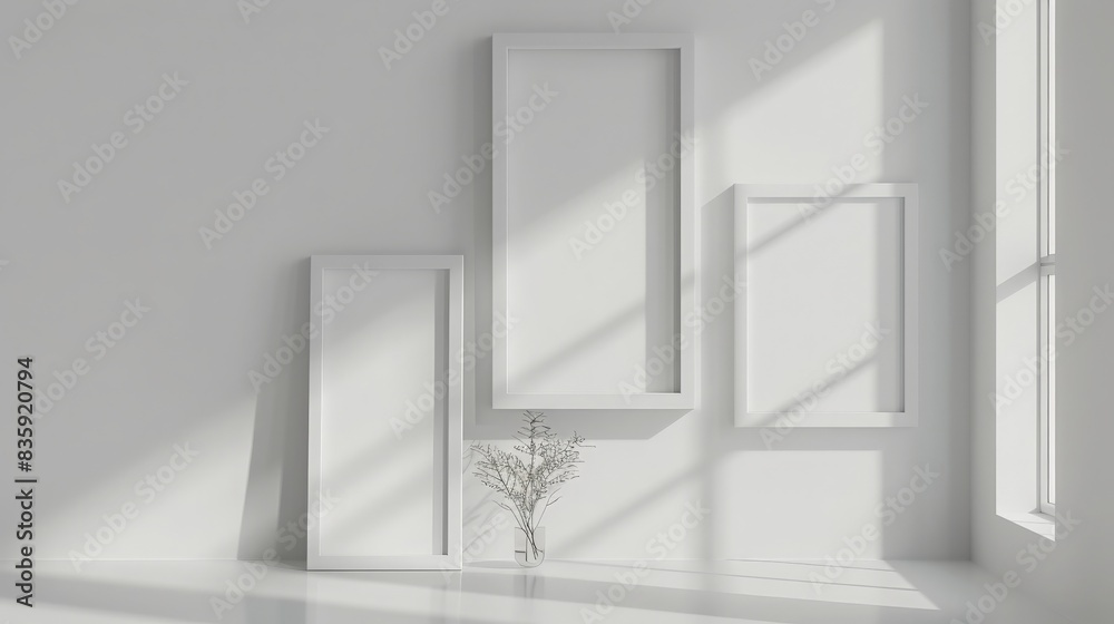 White blank photo frames on white wall with shadows, white colorless picture frames template set, photo frame mock-up 3D illustration White blank photo frames on white wall with shadows, white colorless picture frames template set, photo frame mock-up 3D illustration