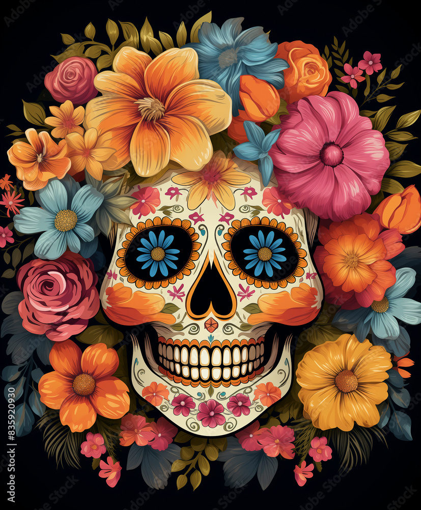 Sugar Skull Adorned With Vibrant Blooms Sugar Skull Adorned With Vibrant Blooms