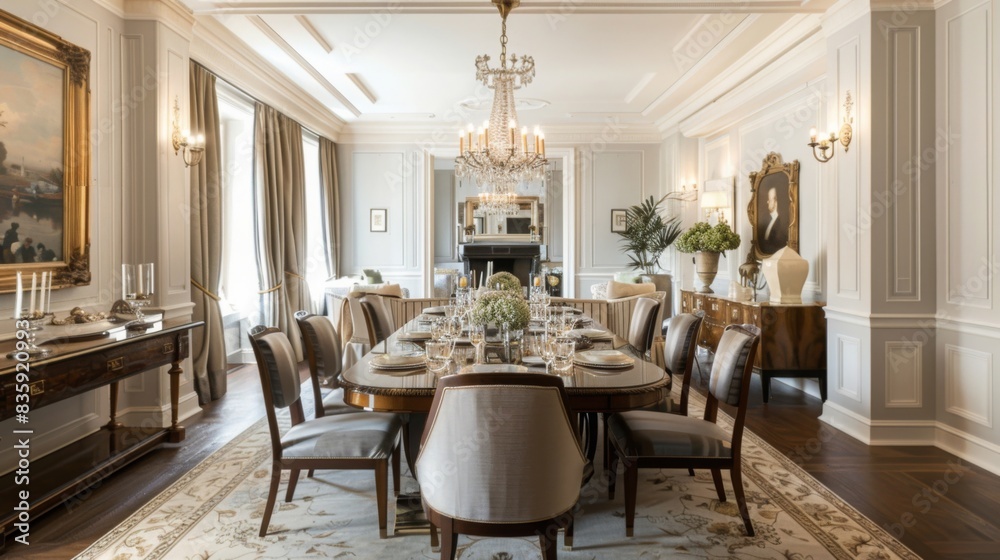 A traditional dining room with a large wooden table, classic chairs, and a chandelier for elegant dining --ar 16:9 --style raw Job ID: 8845c491-b021-4fa4-a279-3fba9a839c77