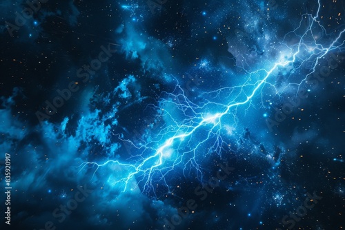 A blue lightning bolt streaks through the night storm, its crackling impact and magical energy flash creating an electrifying spectacle amidst the darkness photo