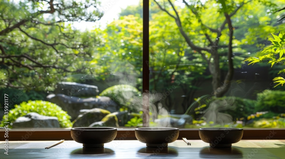A tranquil tea house serving steaming bowls of miso soup, with a serene garden view, emphasizing calm and relaxation. --ar 16:9 --style raw Job ID: 0a652f86-9d66-499d-9175-2bce419c636d A tranquil tea house serving steaming bowls of miso soup, with a serene garden view, emphasizing calm and relaxation. --ar 16:9 --style raw Job ID: 0a652f86-9d66-499d-9175-2bce419c636d