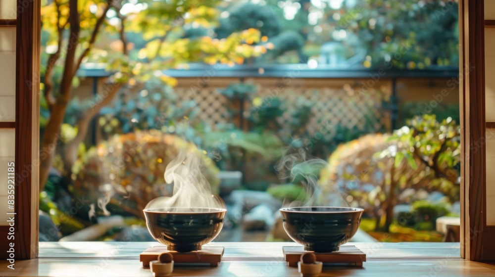 A tranquil tea house serving steaming bowls of miso soup, with a serene garden view, emphasizing calm and relaxation. A tranquil tea house serving steaming bowls of miso soup, with a serene garden view, emphasizing calm and relaxation.