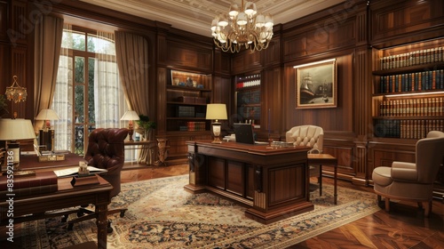 A traditional home office with rich wooden furniture, classic decor, and a cozy reading nook