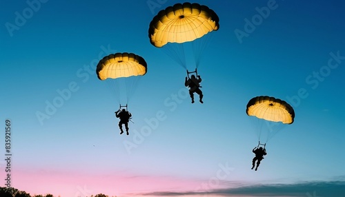 Powerful silhouettes of a platoon of parachuting soldiers, encompassing a range of racial and gender representations, plummeting from a vibrant sky at dusk.
