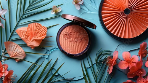 Create a flat lay design of a compact powder, mini fan, and oil blotting sheets photo