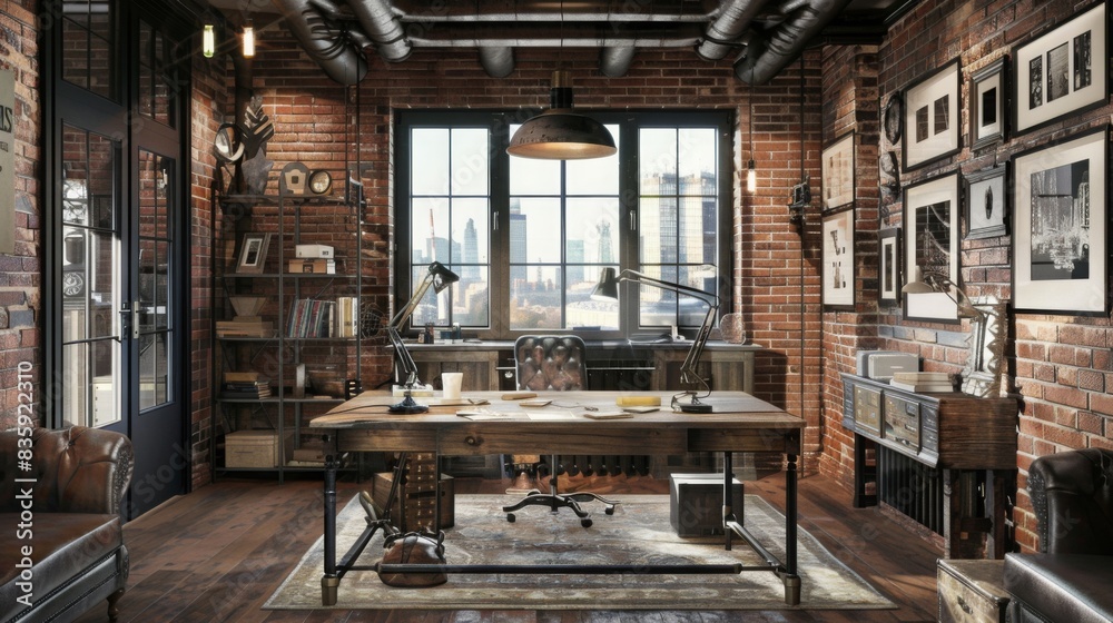 An industrial home office featuring exposed brick walls, metal furniture, and a rustic wooden desk --ar 16:9 --style raw Job ID: b4624d03-1af6-4244-846f-c3cdc20a12a0 An industrial home office featuring exposed brick walls, metal furniture, and a rustic wooden desk --ar 16:9 --style raw Job ID: b4624d03-1af6-4244-846f-c3cdc20a12a0