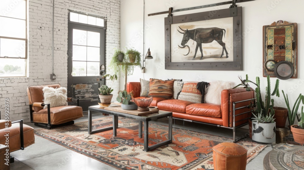 An industrial living room with bold wall art, rustic rugs, and metal accessories for a cohesive look --ar 16:9 --style raw Job ID: 4a811ee9-8d85-4fe3-aaa5-652d62cf1e68 An industrial living room with bold wall art, rustic rugs, and metal accessories for a cohesive look --ar 16:9 --style raw Job ID: 4a811ee9-8d85-4fe3-aaa5-652d62cf1e68