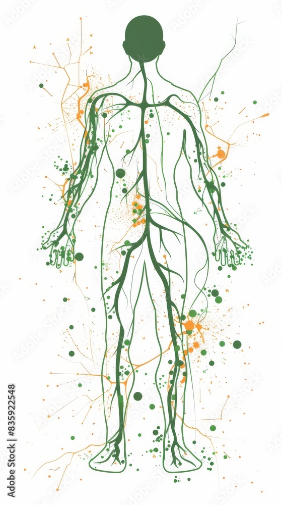 An abstract illustration of a human body outlined by green branches with orange dots and branches surrounding the figure An abstract illustration of a human body outlined by green branches with orange dots and branches surrounding the figure