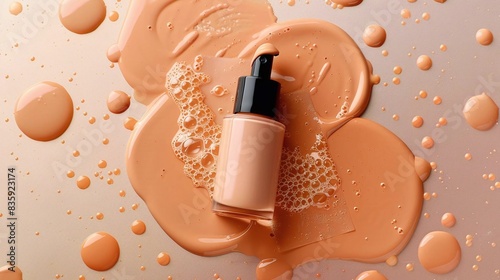 Design a flat lay design of a lightweight foundation, setting spray, and highlighter photo