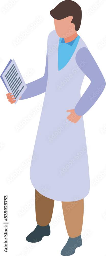 Isometric illustration of a scientist with a lab coat and documents Isometric illustration of a scientist with a lab coat and documents