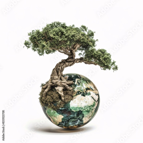 An artwork of a tree cradling the globe, isolated on a white background for a clear PNG file