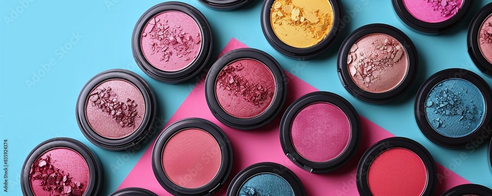 Generate a flat lay design of a bright eyeshadow palette, blush, and highlighter Generate a flat lay design of a bright eyeshadow palette, blush, and highlighter