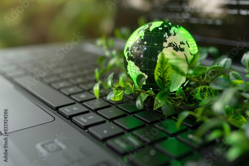 On the keyboard of the laptop, there is a green globe with eco-friendly analytics displayed on the laptop monitor. This is a green business concept. Carbon efficient technology. Digital sustainability