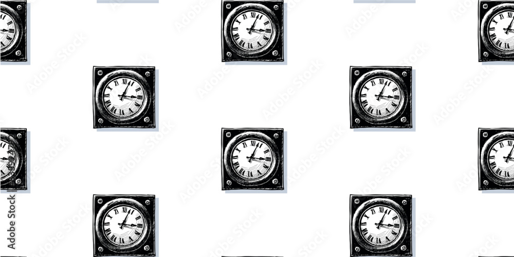 Clock wall, retro, square, time, sketch, seamless pattern, white background, wallpaper,paper, black and white, hand drawn illustration