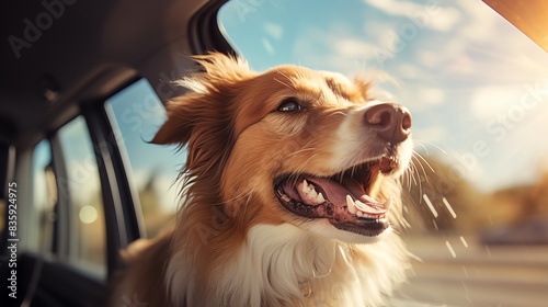 Happy dog sticking its head out of a car window © Amina