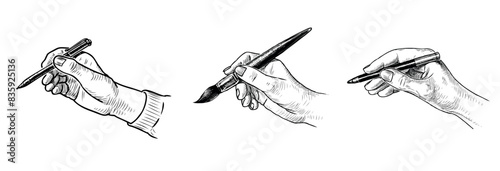 Human hands holding, pen, brush, pencil, fingers, human palm, writing instrument, write, draw, sketch, realistic, vector hand drawing isoated on white