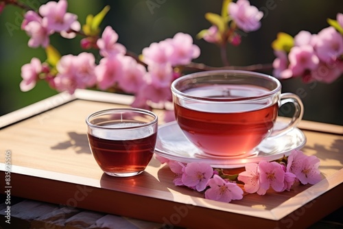 Cherry Blossom Tea: Green tea and cherry blossom-flavored treats in a Japanese-style garden. photo