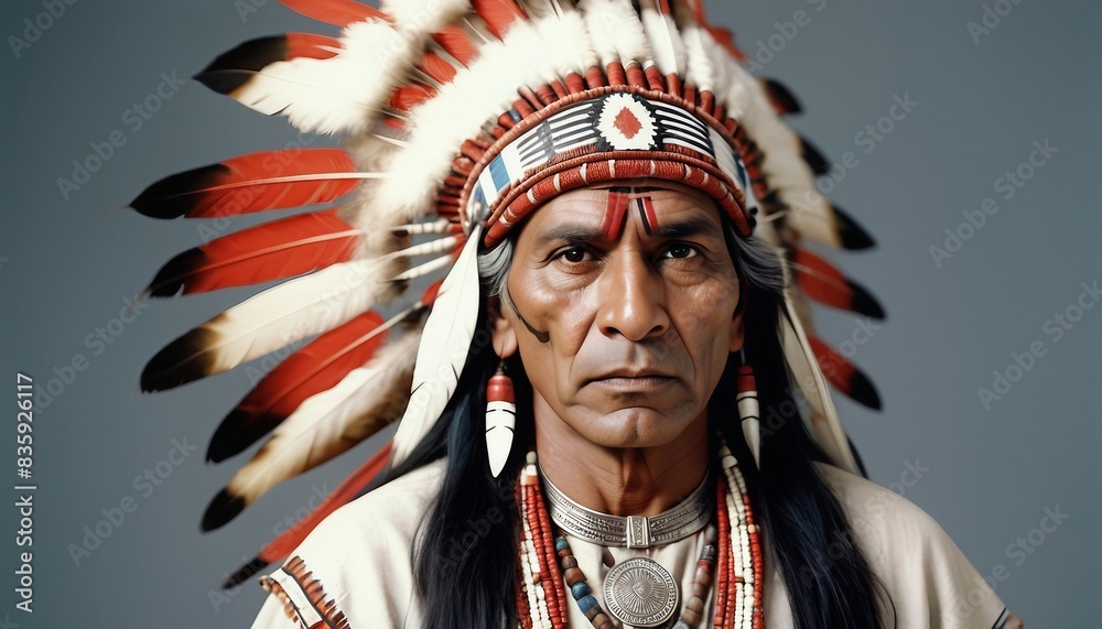 Obraz premium portrait of a muscled young American Indian tribal chief in traditional dress, isolated white background, copy space for text 